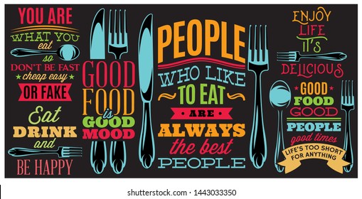 Color inscriptions in retro style on theme of eating with cutlery.