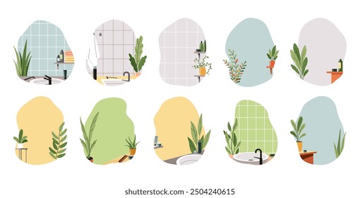 Color interior scenes flat vector icon collection. Domestic life design. Backgrounds with home details illustration bundle on white