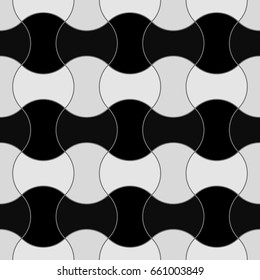 Color interlocking blocks tessellation background. Seamless surface pattern design with ethnic ornament. Apple core quilts texture. Image with hammerhead, axehead and bow shapes. Patchwork art motif.