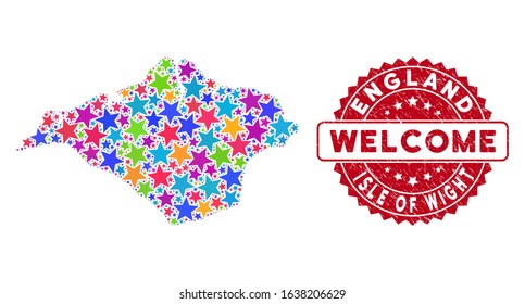 Color Isle of Wight map composition of stars, and distress round red WELCOME stamp. Abstract territory plan in bright color hues. Vector Isle of Wight map is shaped of bright stars.