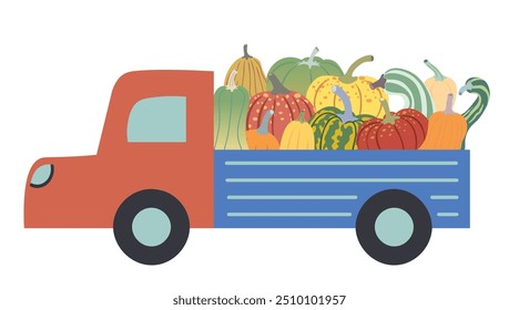 color isolated autumn fall car with pumpkins vector illustration. element for banner poster print design decor backgrounds