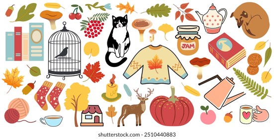 color isolated autumn fall vector illustrations set. elements for stickers banner poster print design decor backgrounds