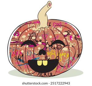 color isolated autumn pumpkin face with graffiti tats vector illustration set. element for logo sticker poster print design decor backgrounds