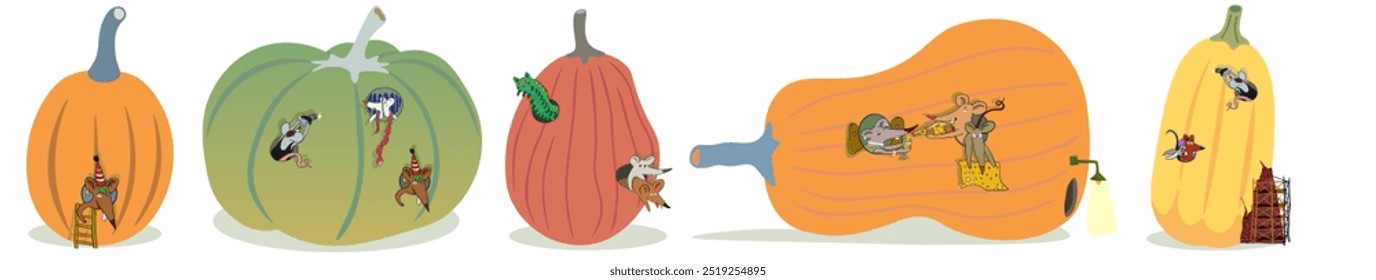 color isolated autumn pumpkin house with mice vector illustration set. element for logo sticker poster print design decor backgrounds