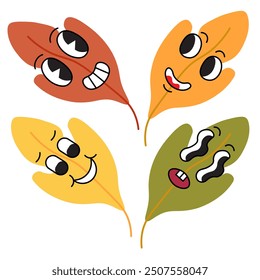 Color Aislado Lindo Personaje Hojas de Otoño Conjunto de Vector de Dibujos Animados Elemento para Logotipo Póster Impresión de Diseño de Mascotas Fondos de Decoración