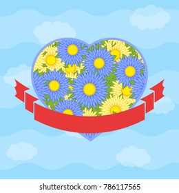 Color isolated heart against a sky with clouds. With a romantic flower pattern. with ribbon banner for the text in front. Simple flat vector illustration. Suitable for decoration of postcards, wedding