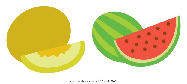 color isolated melon and watermelon with slice in flat style in vector. image of natural healthy eco food.template for logo sticker poster print decor design