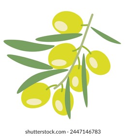 Farbisolierter Olivenzweig in flacher Form in der Vektorgrafik. Bild von natürlichem gesundem Öko-Essen. Vorlage für Logo-Aufkleber-Poster-Print-Dekor-Design