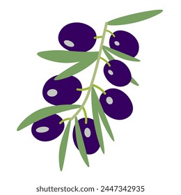 Rama de olivo aislada en color en estilo de forma plana en Vector. Imagen de alimentos ecológicos saludables naturales. Plantilla para diseño de decoración de impresión de póster de pegatina de logotipo