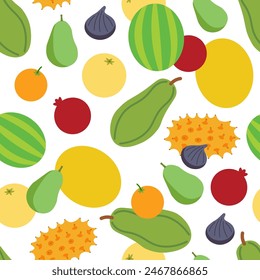 Farbisoliertes nahtloses Muster Exotische Früchte und Beeren in flacher Form Stil in der Vektorgrafik. Vorlage für Hintergrund Textile Bildschirmhintergrund Umhüllung Hintergrund Drucken Dekor Design