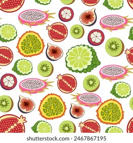 color isolated seamless pattern exotic fruits and berries in flat shape style in vector. template for backdrop textile wallpaper wrapping background print decor design