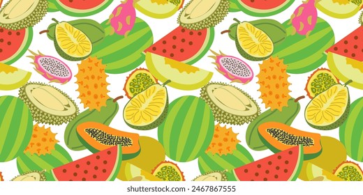 Farbisoliertes nahtloses Muster Exotische Früchte und Beeren in flacher Form Stil in der Vektorgrafik. Vorlage für Hintergrund Textile Bildschirmhintergrund Umhüllung Hintergrund Drucken Dekor Design