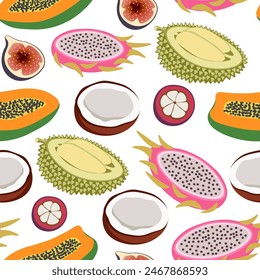 color aislado patrón sin fisuras frutas exóticas y bayas en estilo de forma plana en Vector. Plantilla para telón de fondo Fondo de pantalla envoltura de fondo impresión decoración diseño