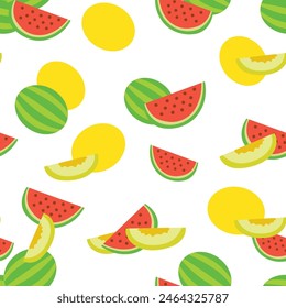color isolated seamless pattern watermelon and melon in flat shape style in vector. template for backdrop textile wallpaper wrapping background print decor design