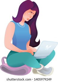 Color isolated vector illustration of a beautiful character girl laptop, girl, computer, woman, female, people, young . Flat gradient style.Concept training work education