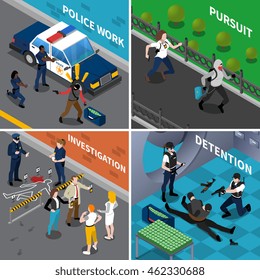 Color isometric composition 2x2 depicting police work pursuit investigation detention vector illustraion