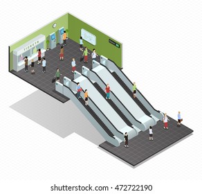 Color isometric composition depicting subway entrance underground stairs escalator vector illustration
