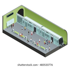 Color Isometric Concept Depicting Subway Station With Train And People Vector Illustration