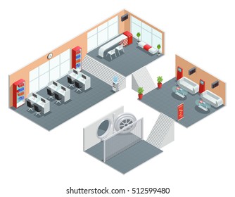 Color isometric design of bank room safe foyer manager vector illustration
