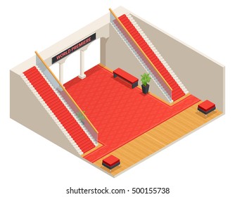 Color Isometric Design Of Foyer With Red Stairs And Carpet Vector Illustration