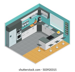 Color isometric design of kitchen interior with chair cupboard and table vector illustration