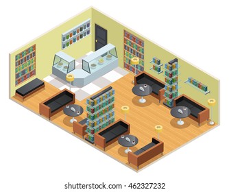 Color isometric design of library interior with cafe table and bookshelves vector illustration