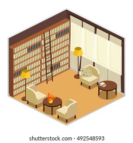 Color isometric design of library interior with cafe table and bookshelves vector illustration.Historical documents manuscripts and publications storage library archive catalog helves isometric