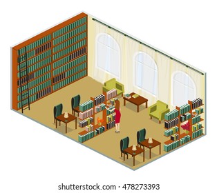 Color isometric design of library room in school, college or university vector illustration.  Education and knowledge 3d abstract  isometric concept with people. Librarian, students reading, studying