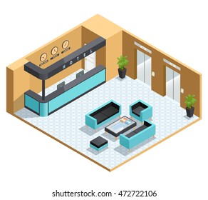 Color isometric illustration depicting hall interior vector illustration