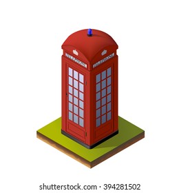 Color Isometric Illustration of Red London Telephone Booth. For Print, Web and Graphic Interfaces