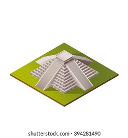 Color Isometric Ilustration of El Castillo - Kukulkan Pyramid in Chichen Itza, Mexico