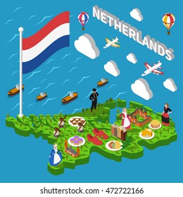 Color isometric map of holland depicting landmarks nethtrlands cheese cuisine shoe mill vector illustration