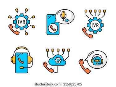 Color IVR icons, interactive voice response application for telephony automated phone call. Vector outline smartphone, phone tube, headphones, gear, microphone and cloud or chatbot linear symbols