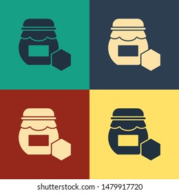 Color Jar of honey icon isolated on color background. Food bank. Sweet natural food symbol. Vintage style drawing. Vector Illustration