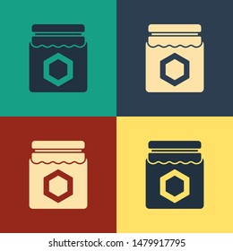 Color Jar of honey icon isolated on color background. Food bank. Sweet natural food symbol. Vintage style drawing. Vector Illustration