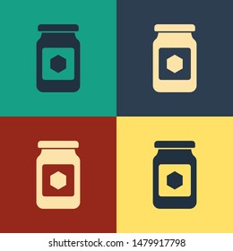 Color Jar of honey icon isolated on color background. Food bank. Sweet natural food symbol. Vintage style drawing. Vector Illustration