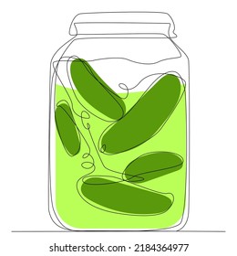 Color jar with pickled cucumbers, garlic, spices, pickles for the winter, delicious homemade food. Color illustration in one line style, vector image.  For shops, brand of vegetable products, menu.