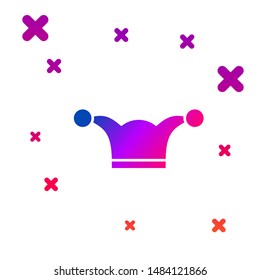 Color Jester hat with bells isolated on white background. Clown icon. Amusement park funnyman sign. Gradient random dynamic shapes. Vector Illustration