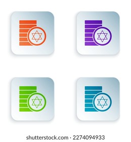 Color Jewish coin icon isolated on white background. Currency symbol. Set colorful icons in square buttons. Vector