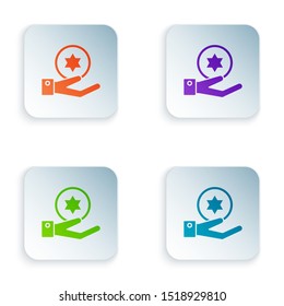 Color Jewish coin on hand icon isolated on white background. Currency symbol. Set icons in colorful square buttons. Vector Illustration Color Jewish coin on hand icon isolated on white background. Currency symbol. Set icons in colorful square buttons. Vector Illustration