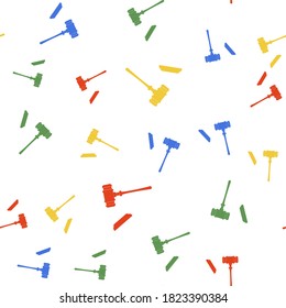 Color Judge gavel icon isolated seamless pattern on white background. Gavel for adjudication of sentences and bills, court, justice, with a stand. Auction hammer. Vector.