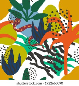 Color Jungle Animal and Floral Asian Vector Seamless Pattern. Pink and Yellow Spring Leaves and Doodles Wrap. Children Cover.