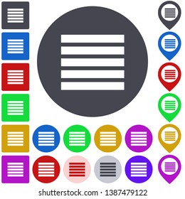 Color justify icon, button, symbol set. Square, circle and pin versions.