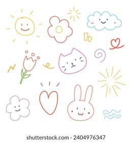 color kawaii doodle cartoon hand drawn included cat, cloud, rabbit, heart etc. for element and illustration