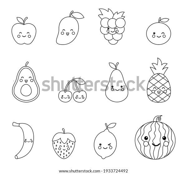 Color Kawaii Fruits Coloring Page Kids Stock Vector (Royalty Free ...