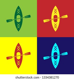 Color Kayak and paddle icon isolated on color backgrounds. Kayak and canoe for fishing and tourism. Outdoor activities. Flat design. Vector Illustration