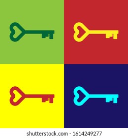 Color Key in heart shape icon isolated on color background. Valentines day symbol.  Vector Illustration