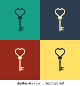 Color Key in heart shape icon isolated on color background. Vintage style drawing. Vector Illustration