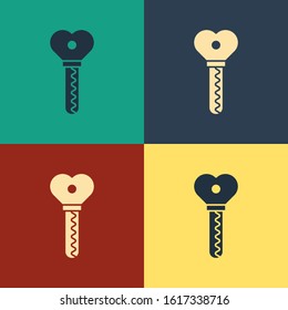 Color Key in heart shape icon isolated on color background. Valentines day. Vintage style drawing. Vector Illustration