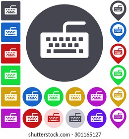 Color keyboard icon, button, symbol set. Square, circle and pin versions.